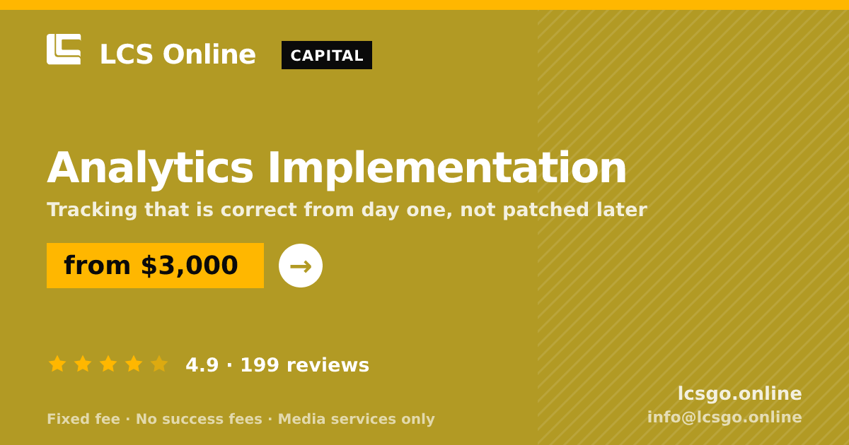 Analytics Implementation — from $3,000, rated 4.9/5 across 199 reviews. LCS Online.