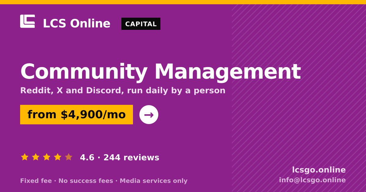 Community Management — from $4,900/mo, rated 4.6/5 across 244 reviews. LCS Online.