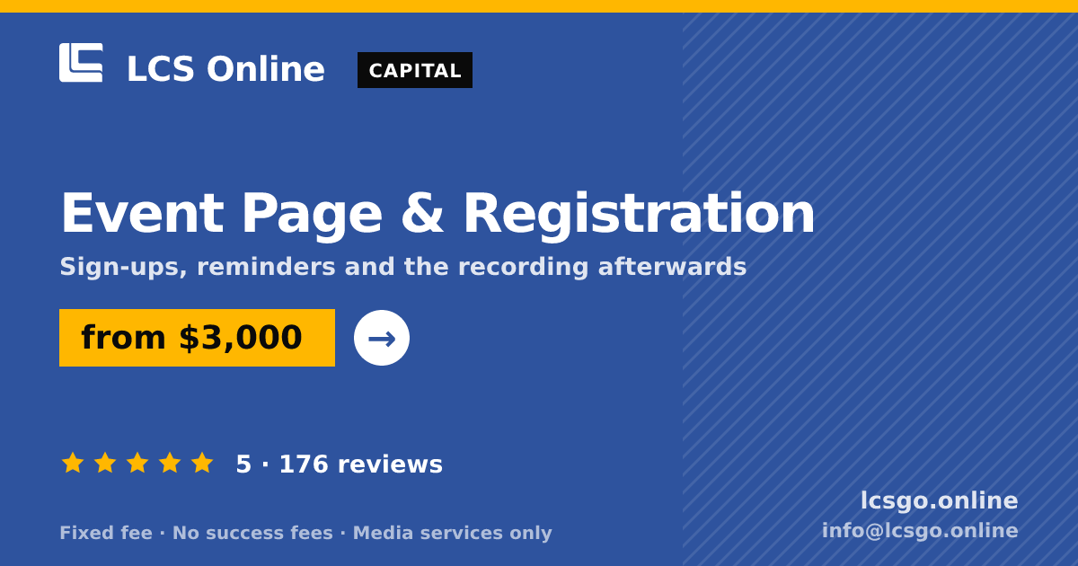 Event Page & Registration — from $3,000, rated 5/5 across 176 reviews. LCS Online.