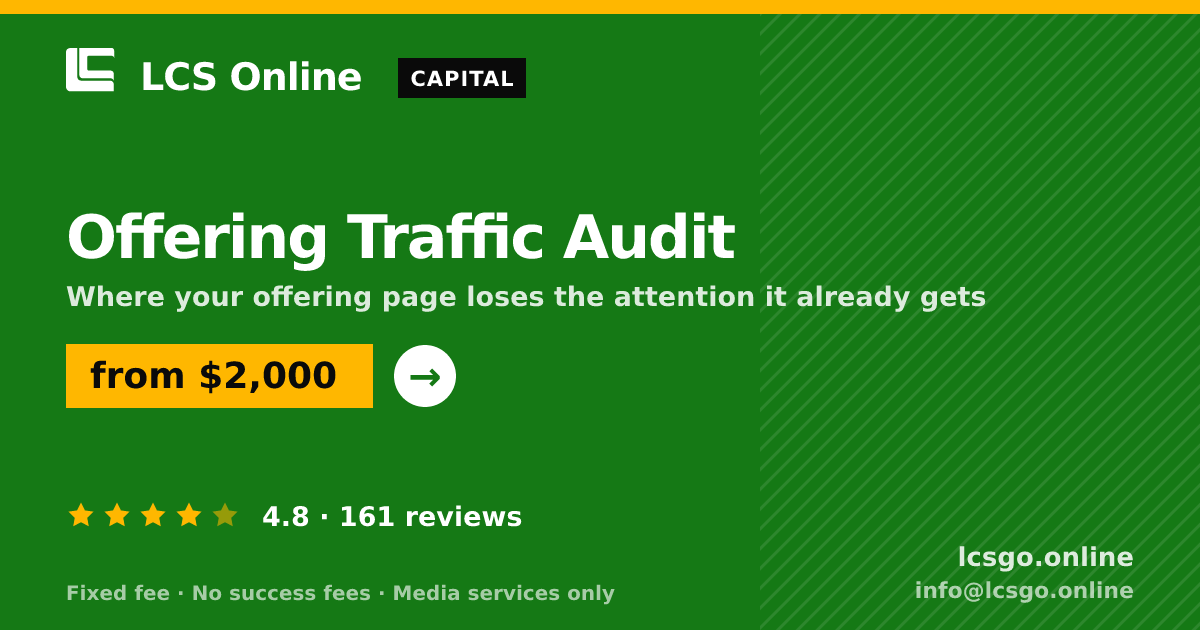 Offering Traffic Audit — from $2,000, rated 4.8/5 across 161 reviews. LCS Online.