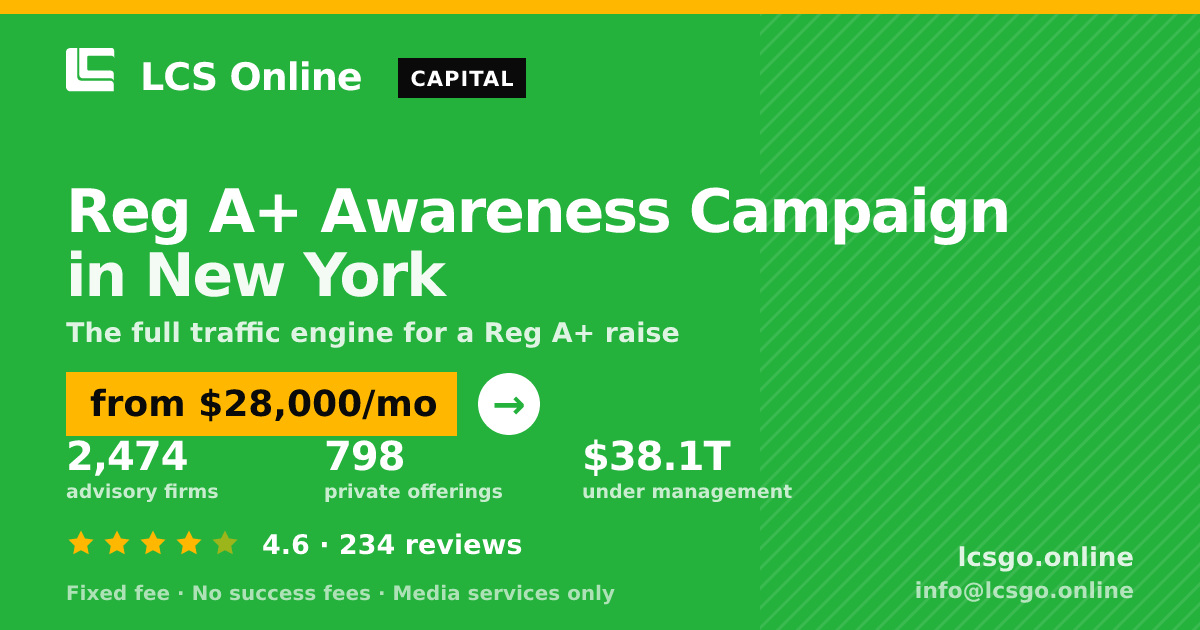 Reg A+ Awareness Campaign in New York — from $28,000/mo, rated 4.6/5 across 234 reviews. LCS Online.