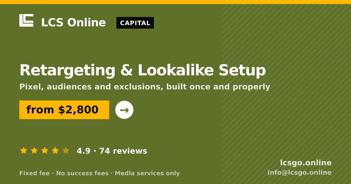 Retargeting & Lookalike Setup — from $2,800, rated 4.9/5 across 74 reviews. LCS Online.